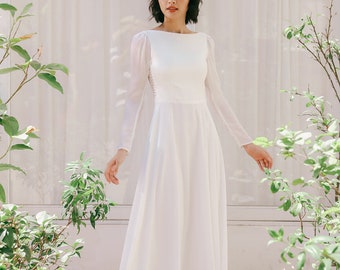 Long sleeve backless wedding dress with A-line skirt and Boat neck  - April