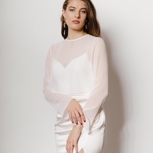 Sheer Chiffon Bridal Topper – Long Flare Sleeves | Wedding Cover Up | Lightweight Transparent Bridal Blouse