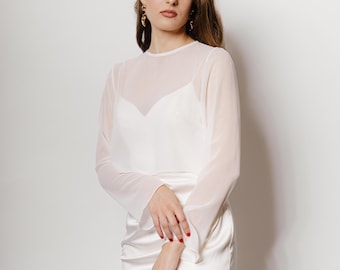 Sheer Chiffon Bridal Topper – Long Flare Sleeves | Wedding Cover Up | Lightweight Transparent Bridal Blouse