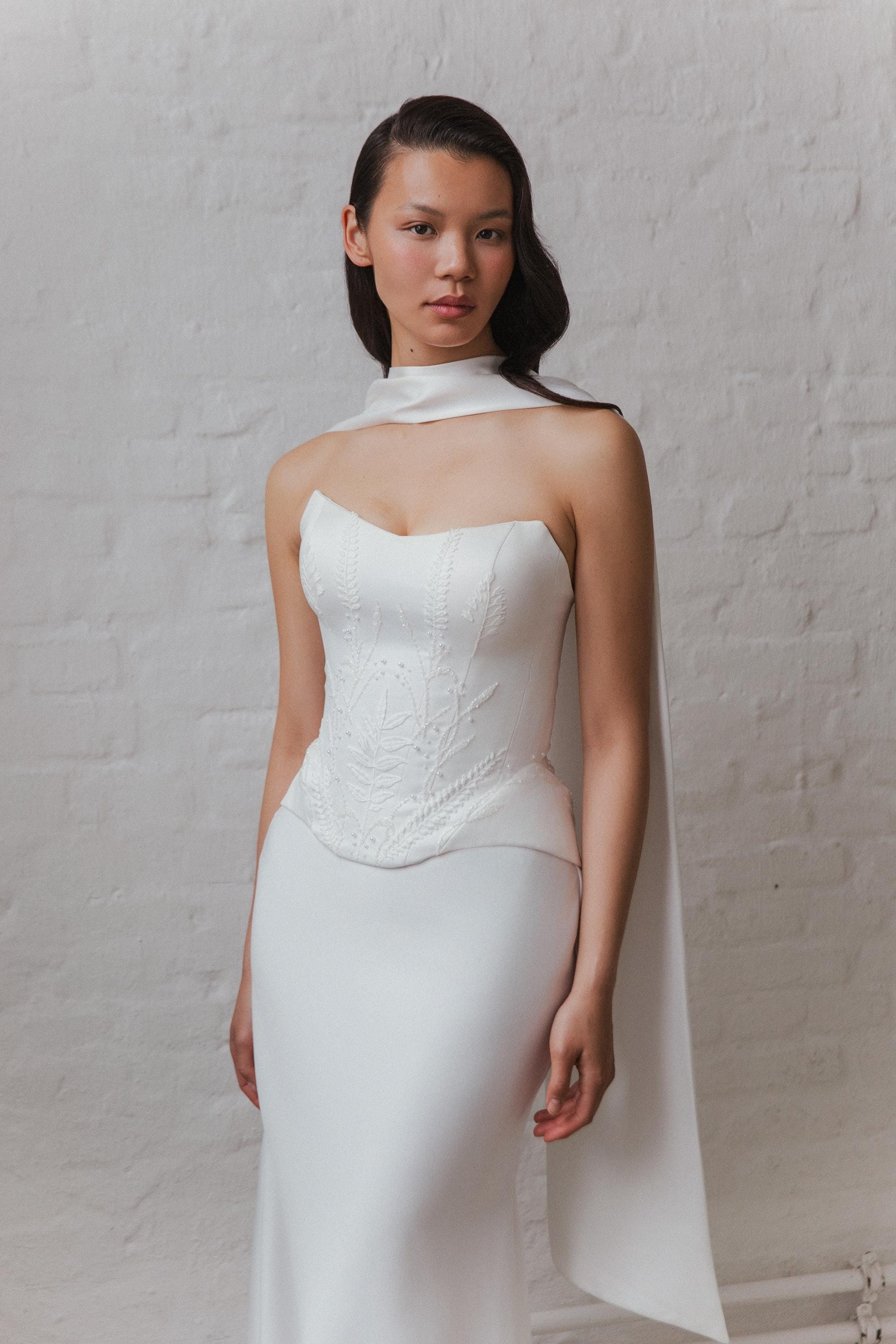 Hand Embroidered Bridal Corset Set: Satin Wedding Top with separate skirt - Audrey