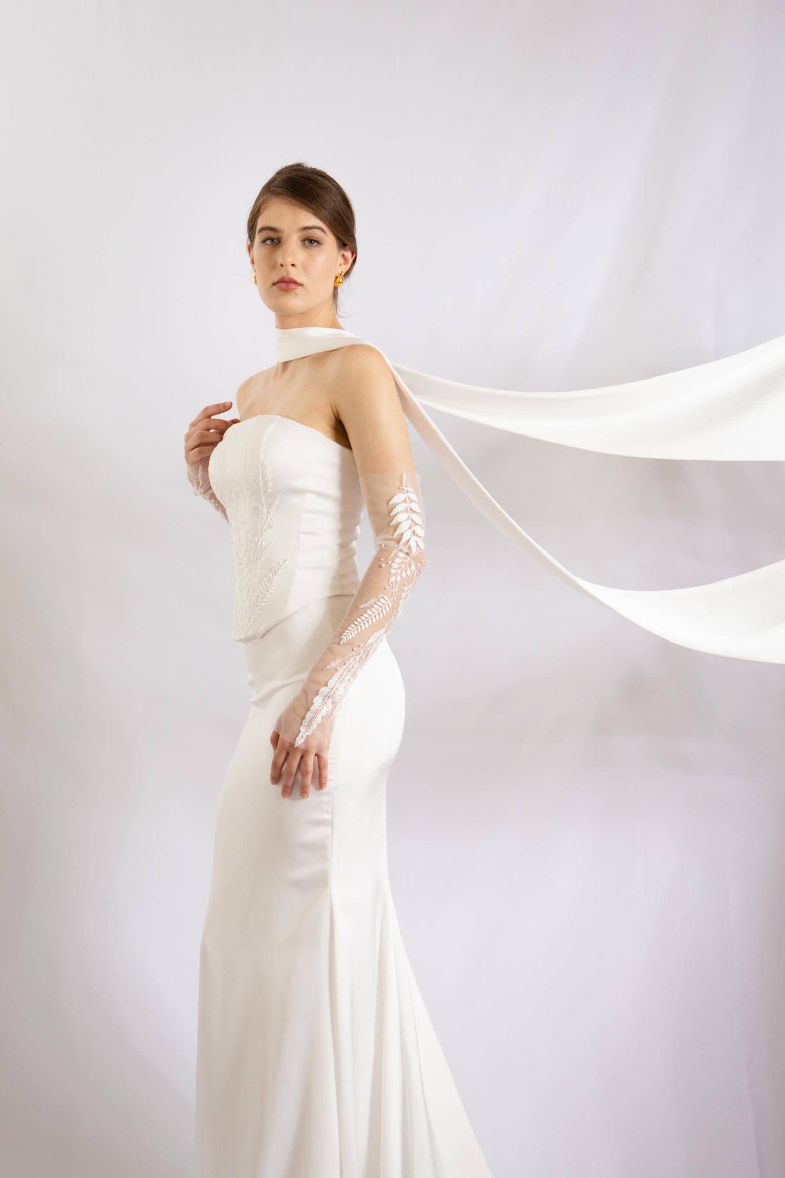 satin wedding dress with scarf Fitted Charmeuse Wedding Dress with Scarf