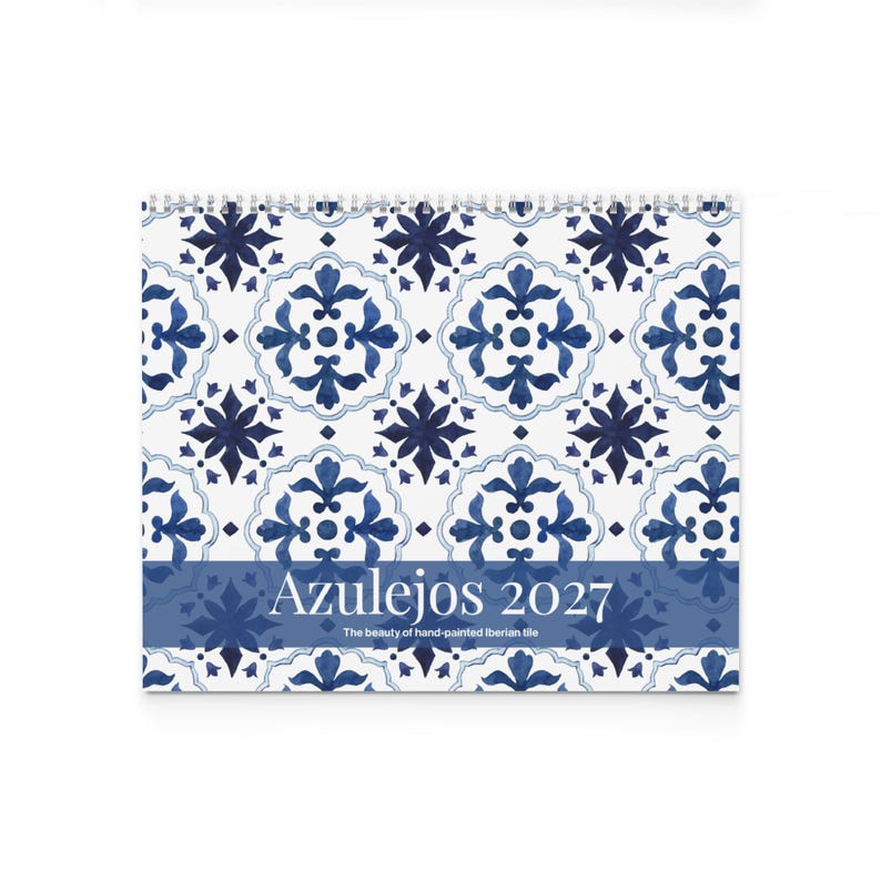 The cover of our 2027 Azulejos Mediterranean inspired wall calendar on a white background.