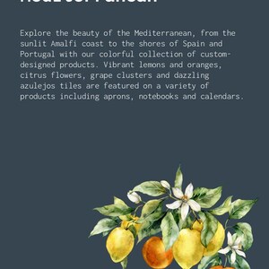 A branding slide representing the Mediterranean inspired section of our shop that features text describing vibrant lemons, oranges, grapes and olives in our collection of journals, aprons and more!. At the bottom right is a watercolor painting of lemons, oranges, leaves, and white flowers on a branch.