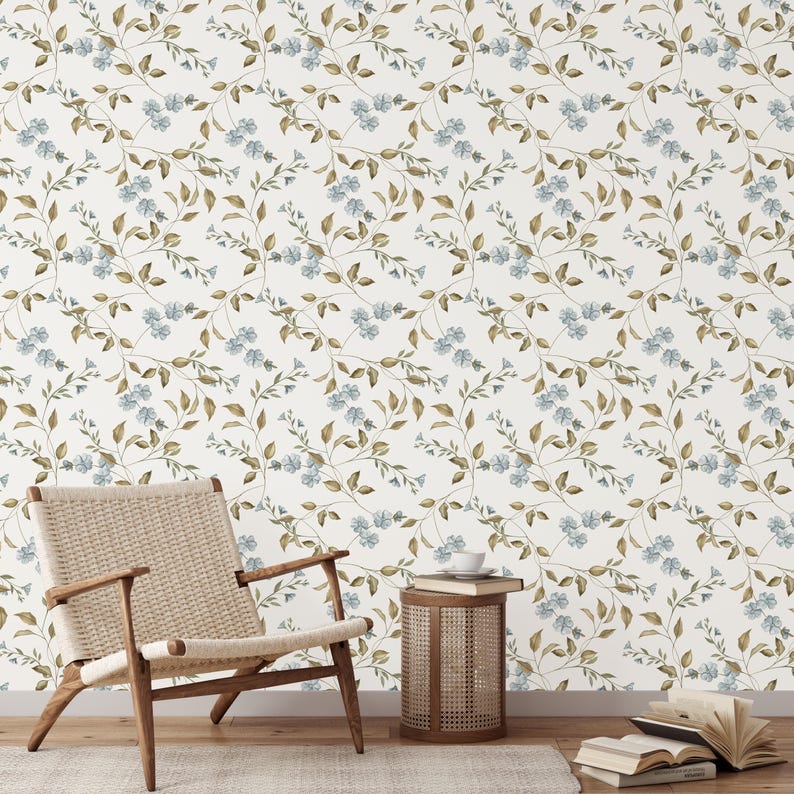 Blue Floral Peel and Stick Wallpaper, Neutral Beige Wall Decor ...