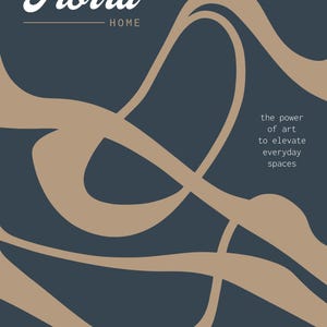A Fiorra Home brand slide with the logo in the top-left corner. The background is dark blue gray with flowing, abstract tan lines, and the text on the right side reads "the power of art to elevate everyday spaces".