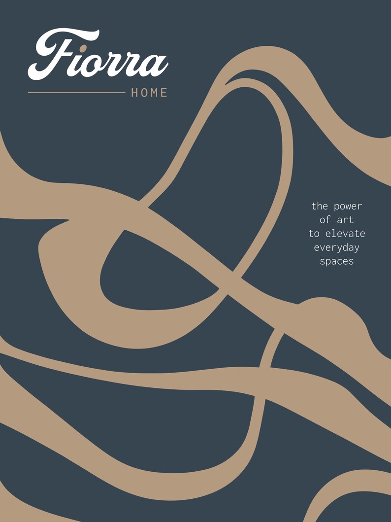 A Fiorra Home brand slide with the logo in the top-left corner. The background is dark blue gray with flowing, abstract tan lines, and the text on the right side reads "the power of art to elevate everyday spaces".