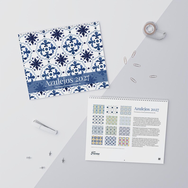 Front and back covers of our Azulejos 2027 calendar featuring traditional blue and white Iberian tile patterns. Multiple pages showcase various detailed mosaic designs. Perfect for home decor or gifting.
