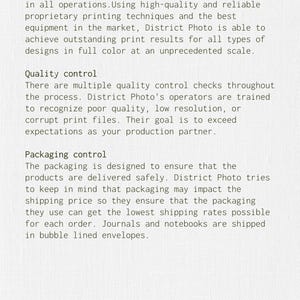 A slide with the Fiorra Home logo at the bottom and three sections of text. The sections detail the technology and proprietary processes used by District Photo for high-volume custom products. The quality control section describes multiple checks during production, and the packaging control section mentions using bubble-lined envelopes for journals and notebooks.