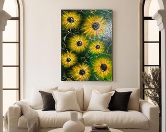 Textured Sunflower Canvas Painting, Abstract Floral Wall Art, Handmade