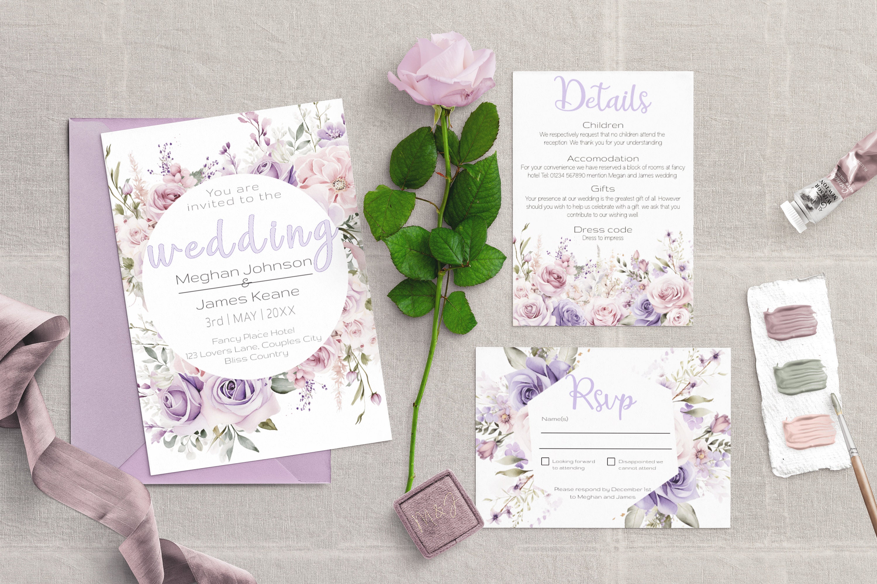 Purple selling Floral Watercolor Wedding Invitation Suite - Flowers - Lavender Lilac- Ultra Violet - Pippa Suite