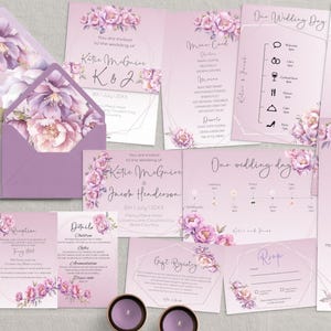 Lilac flower and silver frame Wedding Invitation Suite: (Editable Template)