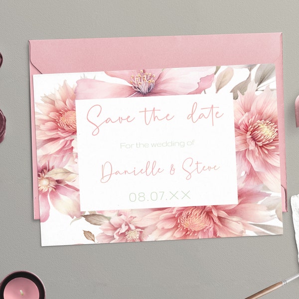 Blush pink Wedding Save the Date card  - Editable Template. Beautifully subtle romantic floral design - 7x5