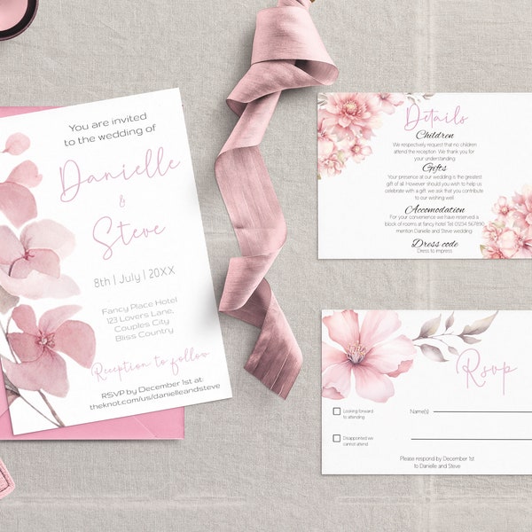 Blush pink Wedding Invitation Suite - Editable Template. Beautifully subtle romantic floral design - invite, rsvp and details card