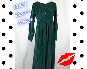 Vintage 1990s Emerald Green Corduroy Babydoll Maxi Grunge Girl Long Sleeve Dress Sateen Button Detailing