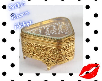 Vintage 1960s Vanity Table Top Filigree Gold Tone Metal Victorian Style Glass Top Jewelry Box with Beige Gold Liner and Floral Design