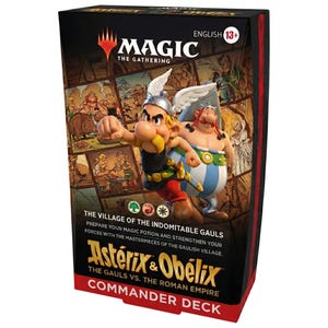 May include: A black Magic: The Gathering Commander Deck box with red detailing, featuring Asterix and Obelix. The box includes the text "The Village of the Indomitable Gauls". The Magic: The Gathering logo is also visible.