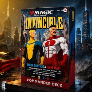 Peut inclure: Boîte de jeu Magic: The Gathering "Invincible" Commander Deck. Elle présente Mark Grayson et Omni-Man devant un paysage urbain. Le texte indique "Un affrontement aérien de pouvoir au-dessus de New York City."