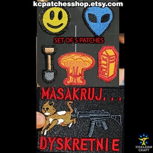 Masakruj Dyskretnie, Postal 2 inspierd Patch, the Dude, Cat Silencer Gun, Postal 2 Parody, Set of 5, Funny Patch, Humor Patch, Joke Patch