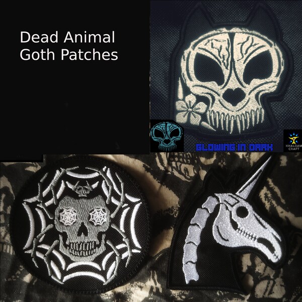 Dead Animal Goth Patches, Creepy Kitty, Dead Unicorn, Spider Skull, Horror, Dark Art, Dead Dreams, Goth, Dark Magic, Glowing in Dark