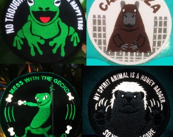 Animal Funny Patches, My Spirit animal is a Honey Badger, Happy Frog, Dont Mess with Gecko, Meme Patch, Humor, Capibara, Glowing in Dark