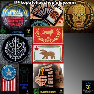 American Postapo Designs, Vegas Cards Patches, The Vault is Safe, Democracy Dictator, Casino 38, Nuclear War, Radiation in the knee