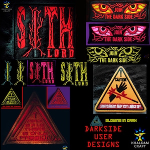 Może przedstawiać: Kolekcja haftowanych naszywek o mrocznej tematyce. Projekty obejmują "Sith Lord" w kolorze czerwonym, świecące oczy z "Join the Dark Side" i znak ostrzegawczy z "Lightsabers May Cut Limbs Off".