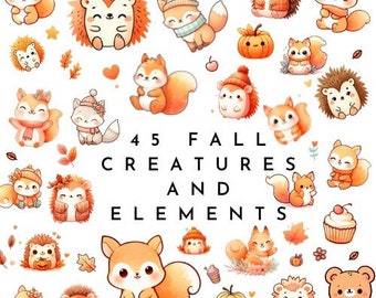 Fall Kawaii ClipArt | Autumn Cute Creatures and Elements PNG | Cute Fall Animals | Halloween | Sublimation Designs | Digital Download