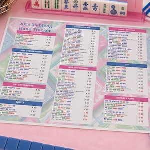 May include: A rectangular 2026 Mahjong Hand Tracker score sheet featuring columns of game combinations, point values, and rules printed in blue, red, and green text on a white background with a light pastel patterned border.