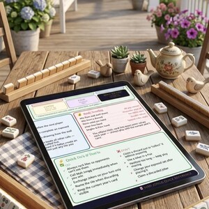Può includere: Un tavolo di legno mostra un set di Mahjong con tessere, rastrelliere e un tablet che mostra le regole del gioco. La scena comprende uccelli decorativi, una teiera e piante in vaso, suggerendo un ambiente esterno.