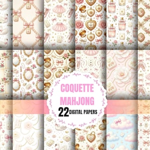 Könnte beinhalten: Eine Sammlung von 22 digitalen Papieren mit Coquette- und Mahjong-Thema. Die Papiere zeigen Muster von Schwänen, Schleifen, Perlen, Ballettschuhen, Parfümflaschen und Herzen in zarten Rosa-, Creme- und Goldtönen. Der Text "COQUETTE MAHJONG" ist zu sehen.
