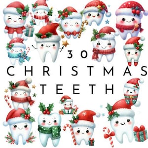 Può includere: Una collezione di 30 illustrazioni di denti dei cartoni animati, ognuno ornato con cappelli, sciarpe e agrifoglio natalizi. Alcuni denti tengono bastoncini di zucchero o regali, creando un tema allegro.