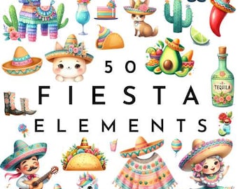 Clipart Fiesta | Cindo de Mayo PNG | Fête mexicaine | Sombrero aquarelle | Cactus | Festival mexicain | Piñata | Modèles de sublimation