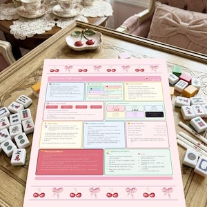 Può includere: Un foglio di regole del Mah Jongg americano rosa e bianco con illustrazioni di ciliegie e fiocchi. Il foglio è circondato da tessere di Mah Jongg, bacchette e un piatto decorativo di ciliegie.