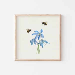 Miniatur Kunstdruck Blaustern und Hummeln / Mini Print / Fine Art Print vom Original Aquarell