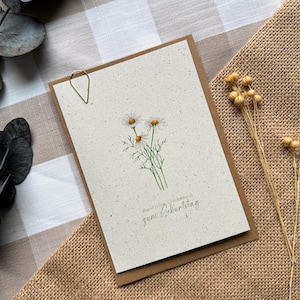 Kartka z życzeniami z papieru trawiastego, kartki z życzeniami botanicznymi, ilustracja malowana własnoręcznie, akwarela, ręcznie malowane, kwiaty, gratulacje, stokrotka