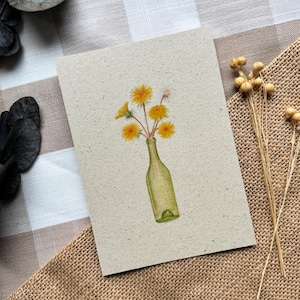 Cartolina in carta erba, biglietti d'auguri, illustrazione autodipinta, acquerello, dipinto a mano, vino di tarassaco, dente di leone, bottiglia di vino