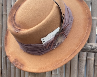 Vintage Reworked Wool Fedora Hat Cream Western Festival Boho Ralph Lauren Style Vintage Wool Felt Hat With Feather Boho Western Fedora Ralph  main image 2
