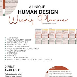 May include: A white and cream-colored weekly planner with the text "A Unique Human Design Weekly Planner" and the words "Astrology-Based Weekly Planner". The planner includes information on astrology, human design, and weekly planning.