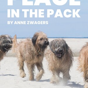 Op de afbeelding: Boekomslag met de titel "PEACE IN THE PACK" in grote witte letters. De auteur is Anne Zwagers. De afbeelding toont verschillende honden die op een strand rennen. De ondertitel luidt "A Simple Guide to a Path of Harmony Through Natural Leadership."