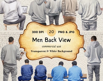 Men Back View - 20 Watercolor Clipart Set, Side View Boy, Man Illustration Set, Casual Man Poses, Sweatpants, Grey Outfit, Digital Download