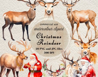 Christmas Reindeers - 20 Watercolor Reindeer Clipart, Winter PNG, Digital Download, Commercial Use, Junk Journal, Card Making, Scrapbooking