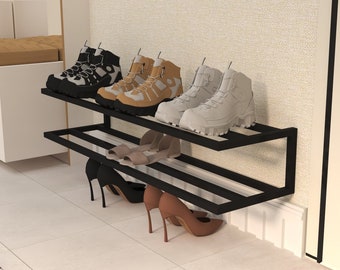 Scaffale per scarpe in metallo, portaoggetti per ingresso a 2 livelli, scarpiera per montaggio a parete, doppio scaffale per corridoio, organizer per scarpe minimale, design interno decorativo