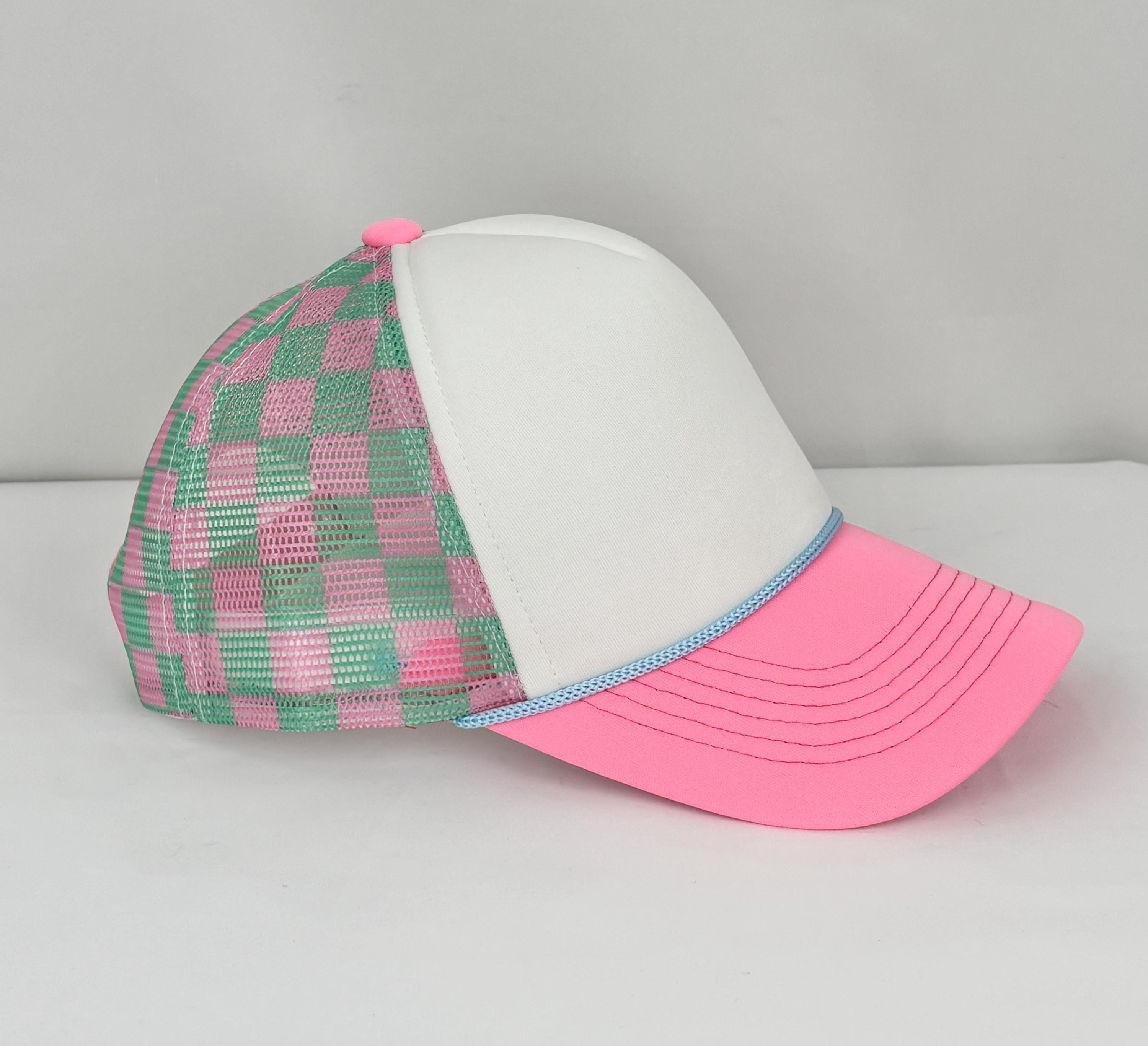 Fashion Checkered Cap in Tan and Pink NEVER GIVE UP. PINK CHECKERED HAT - NEVER GIVE UP. SHOP main image 3