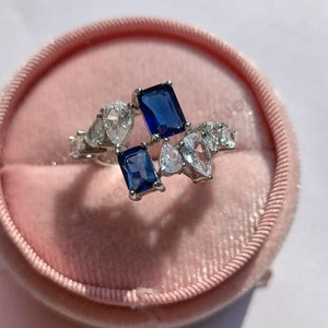 Blue Sapphire Ring: 925 Sterling Silver Wedding Engagement Ring, Boho Design Art Deco Jewelry