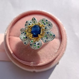 Blue Sapphire Flower Ring: 925 Sterling Silver, Lab Created Gemstone, Boho Design Art Deco