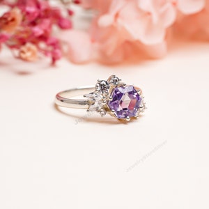 Alexandrite Ring: 925 Sterling Silver Hexagon Gemstone, Boho Design Art Deco Jewelry, For Her