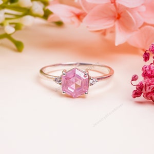 Pink Zircon Ring: 925 Sterling Silver Hexagon Gemstone, Boho Design Art Deco Jewelry