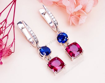 Ruby and Sapphire Earrings: 925 Sterling Silver Gemstone Dangle Earrings, Boho Design