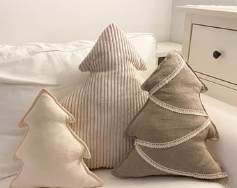 Cuscino natalizio in lino naturale / Albero di Natale in cotone / Decorazione invernale in stile boho / Cuscino per divano a forma di albero di Natale