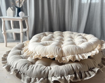 Ruffled Linen Floor Cushion | Farmhouse Cotton Reading Nook Large Cushion | Eco Papasan Pillow | Linen or cotton | Boho Floor Pad cushion